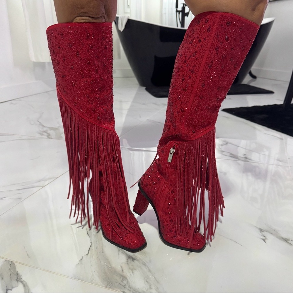 Jessica Simpson Red Fringe Knee-High Boots with Embellishments